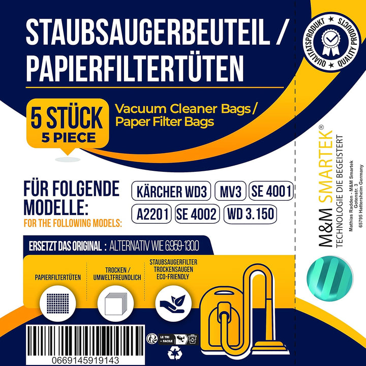 Papier-Filter-Tüten wie 6.959-130.0 passend für KÄRCHER WD2, WD3, MV2, MV3, A2054, A2201, etc. aus d
