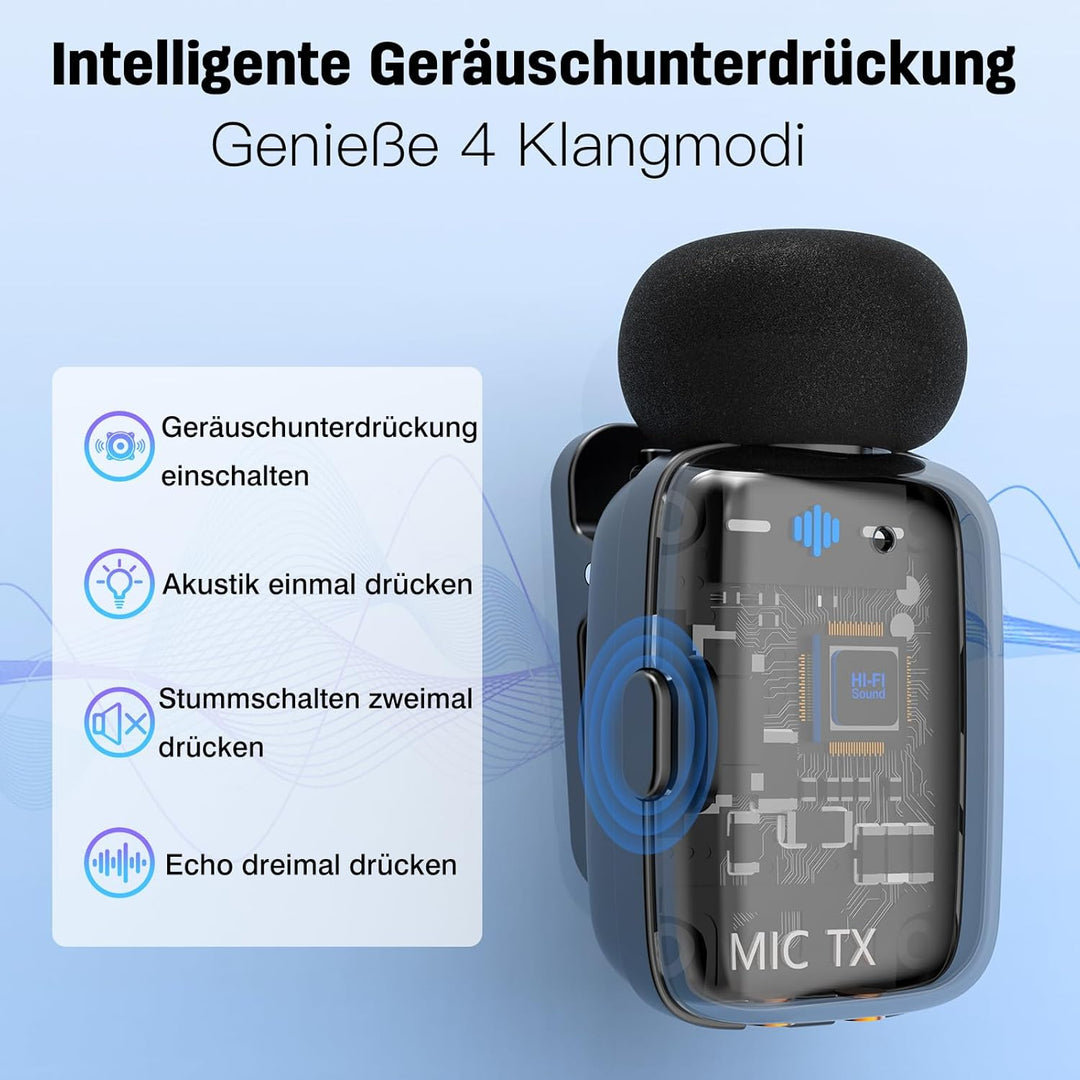 Mini-Mikrofon für iPhone Handly Android, Lavalier Mikrofon Kabellos mit 2er-Pack Plug&Play 100m, Rau