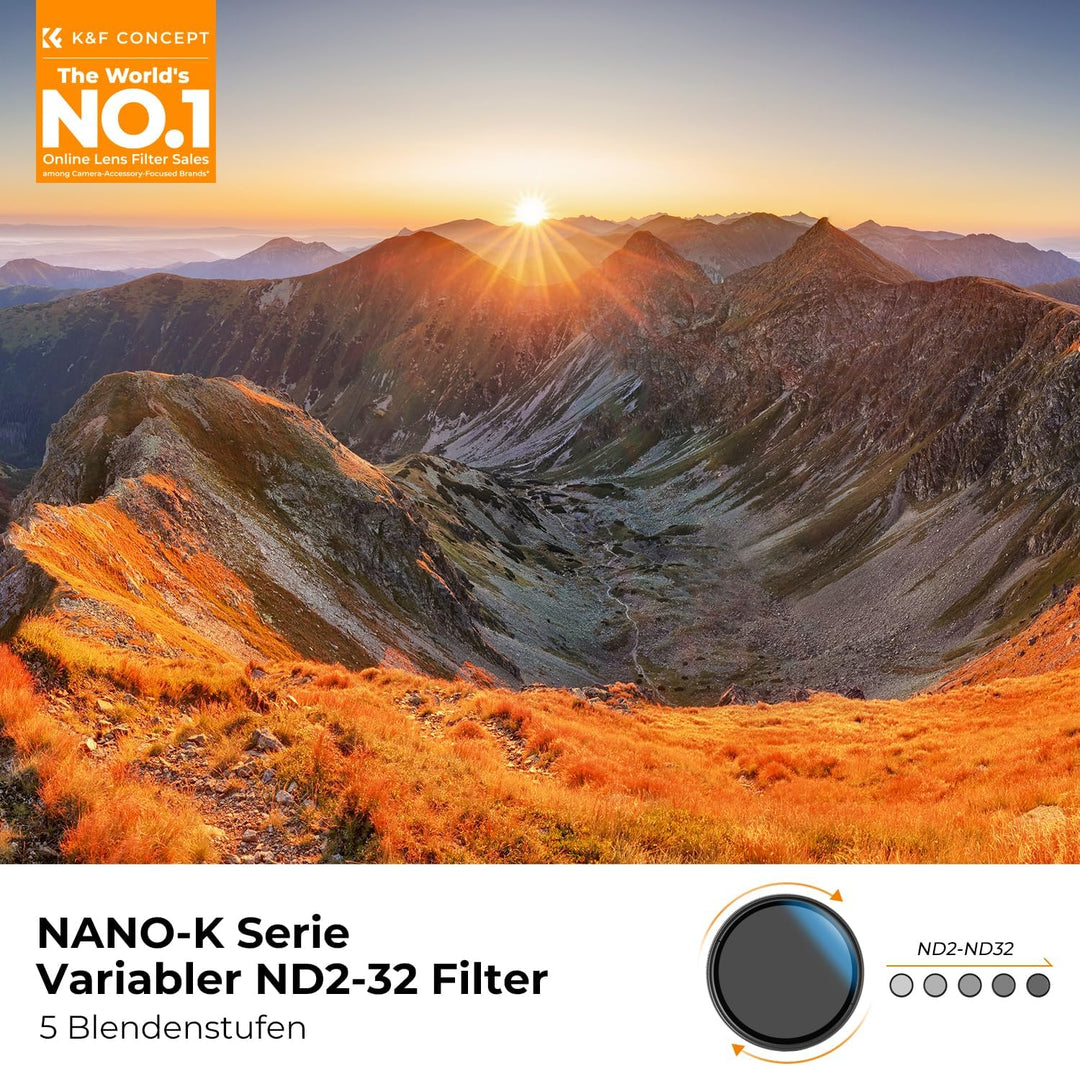 K&F CONCEPT Nano-K Serie ND Filter 82mm Variabler Graufilter ND2-32 (1-5 Blendenstufen), 82mm
