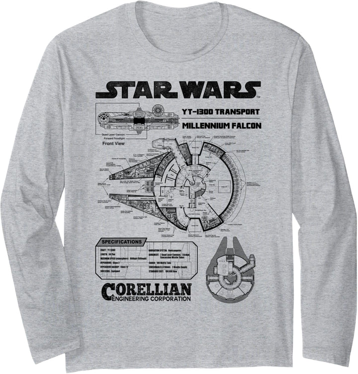Star Wars Millennium Falcon Outlined Schematics Poster Langarmshirt