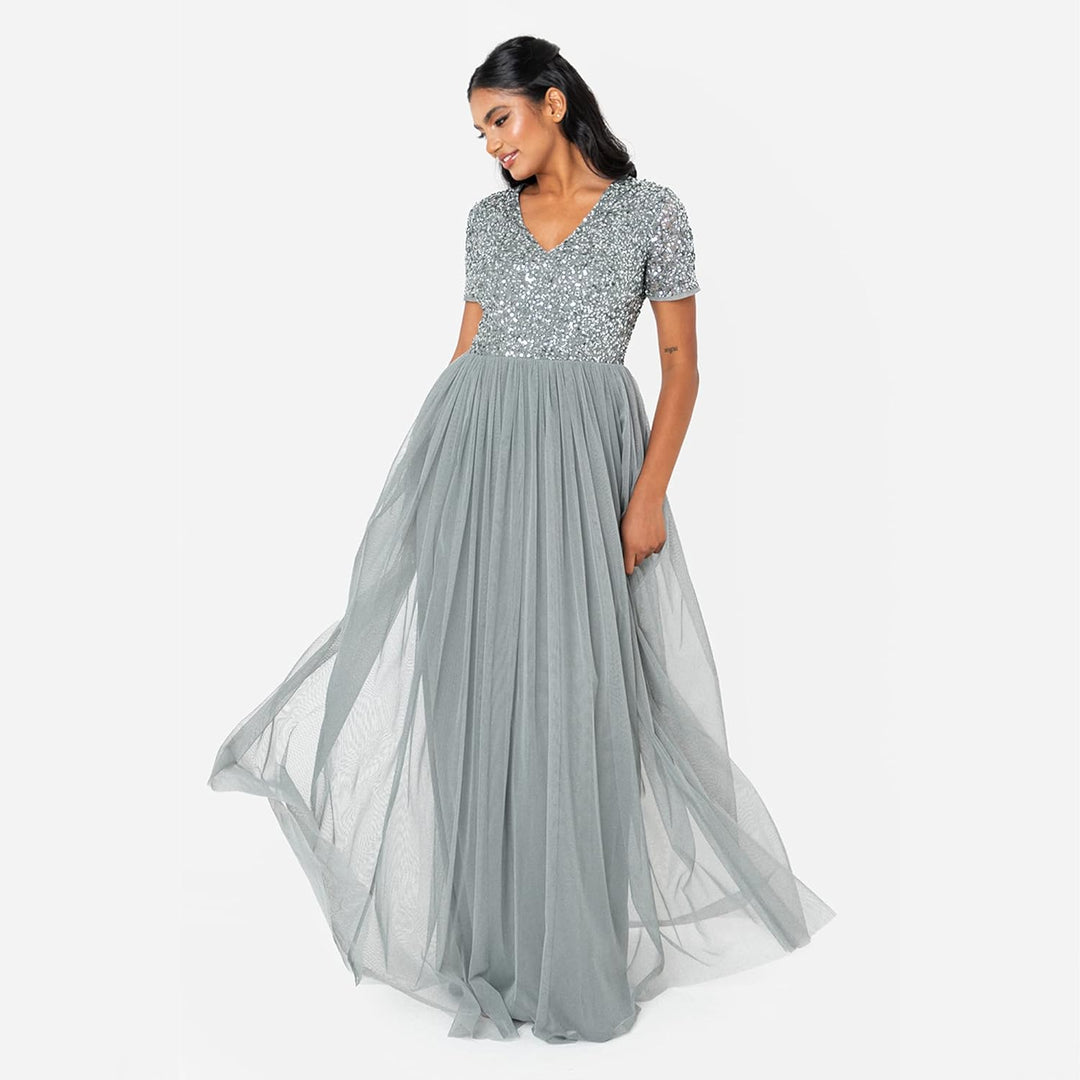 Maya Deluxe Damen Maya Deluxe V Neckline Embellished Maxi Bridesmaid Dress, Misty Green, 42 EU