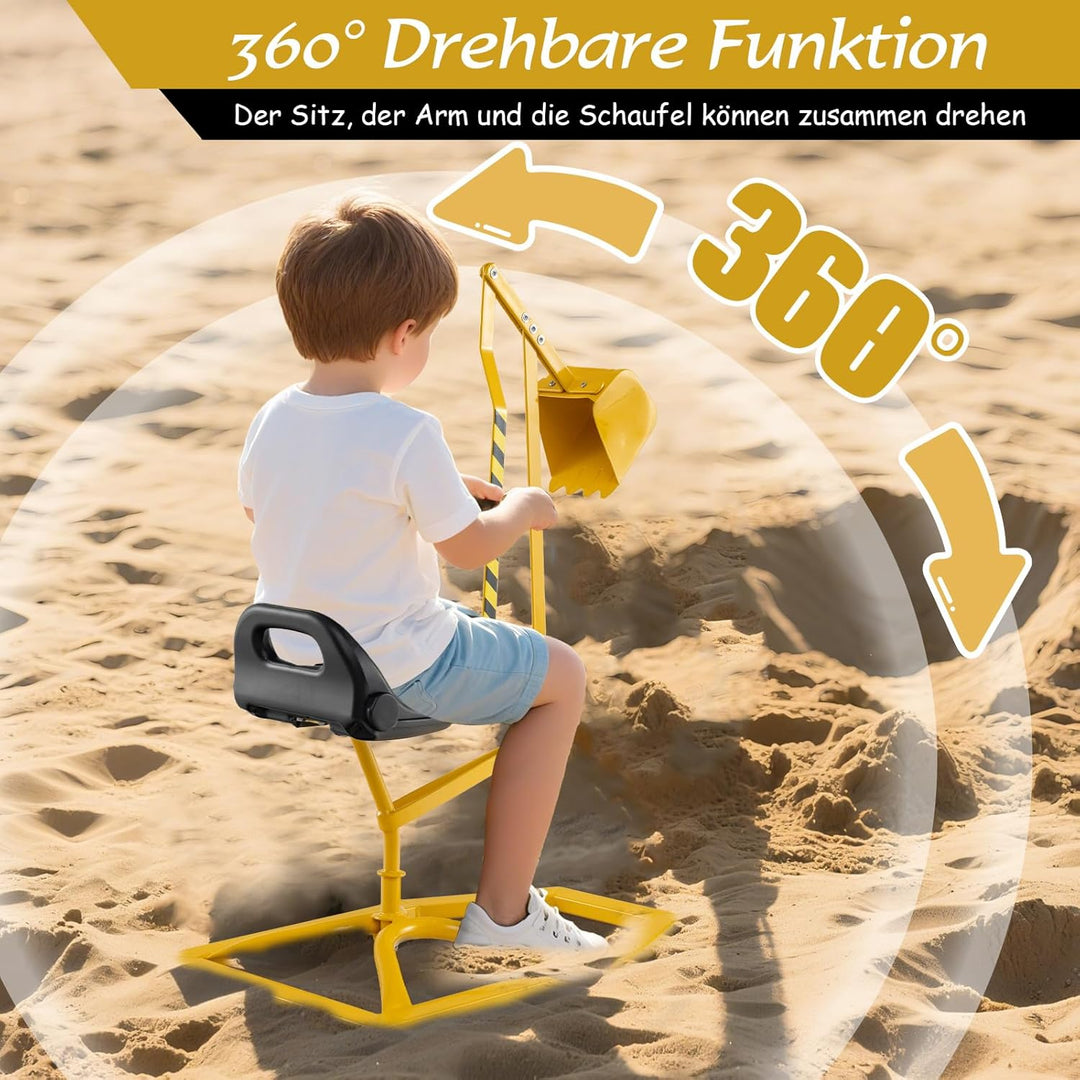 COSTWAY Sitzbagger 360° drehbar, Bagger zum Draufsitzen Metall, Bagger Sandkasten mit Schaufel & 2-H