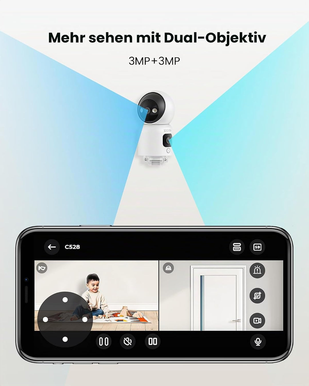 ZOSI Überwachungskamera Innen mit Dual-Objektiv 3MP+3MP, 2,4/5G WLAN, Taste/OK-Geste-Anruf, KI Perso