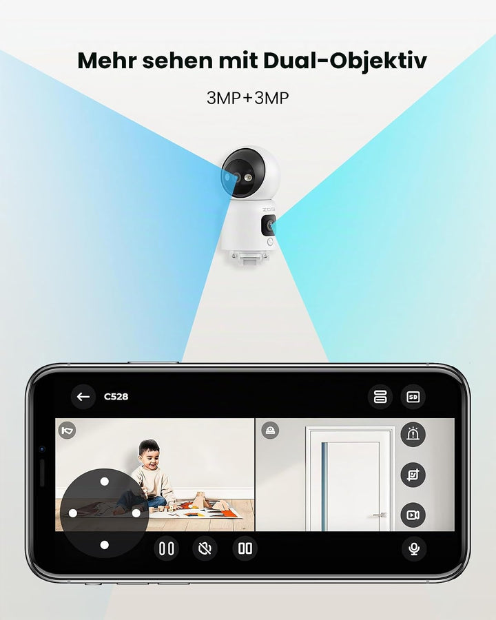 ZOSI Überwachungskamera Innen mit Dual-Objektiv 3MP+3MP, 2,4/5G WLAN, Taste/OK-Geste-Anruf, KI Perso
