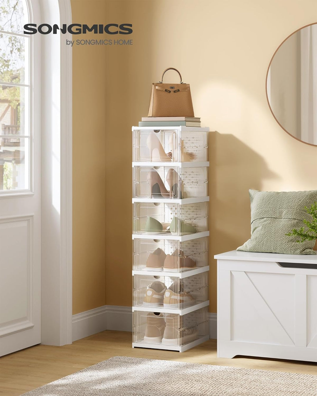 SONGMICS Schuhschrank, mit 6 Schuhboxen, integrierter Schuh-Organizer, faltbar, tragbar, für Schuhe