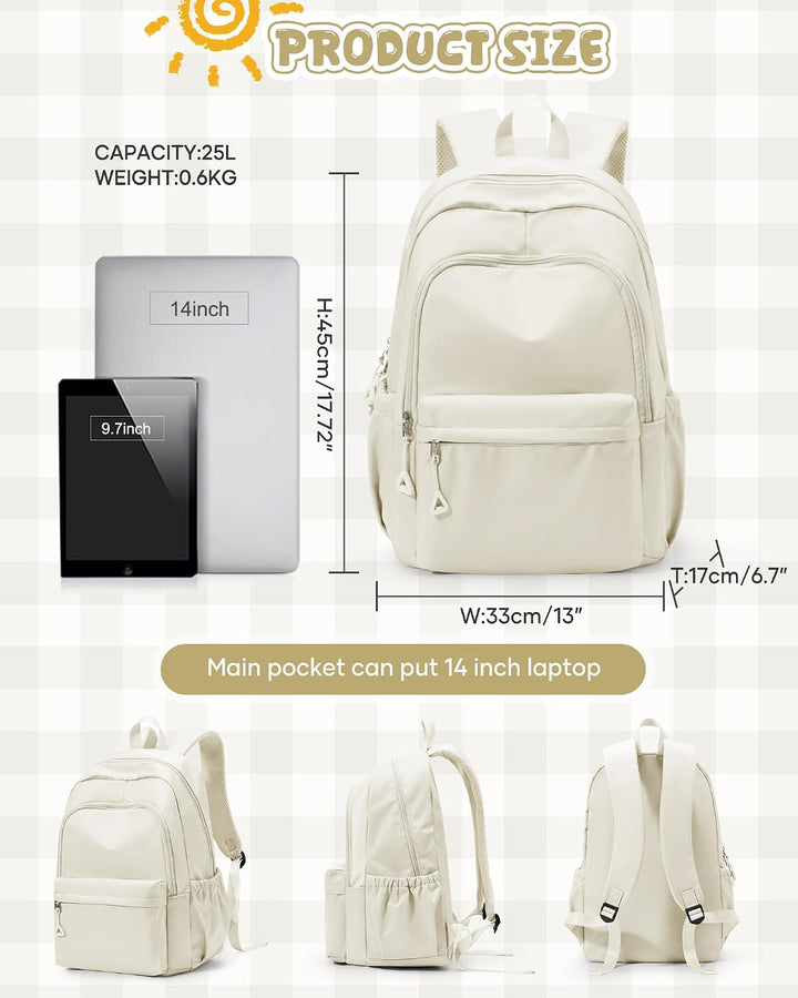 Schulrucksack Teenager Mädchen Jungen Schultasche Rucksack Schule Beige | School Bag Backpack Laptop