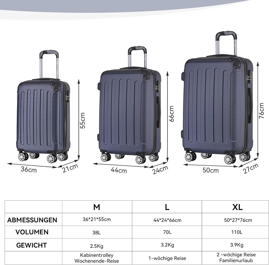 BEIBYE Hartschalen-Koffer Trolley Rollkoffer Reisekoffer Handgepäck 4 Rollen (M-L-XL-Set) (Dunkelbla