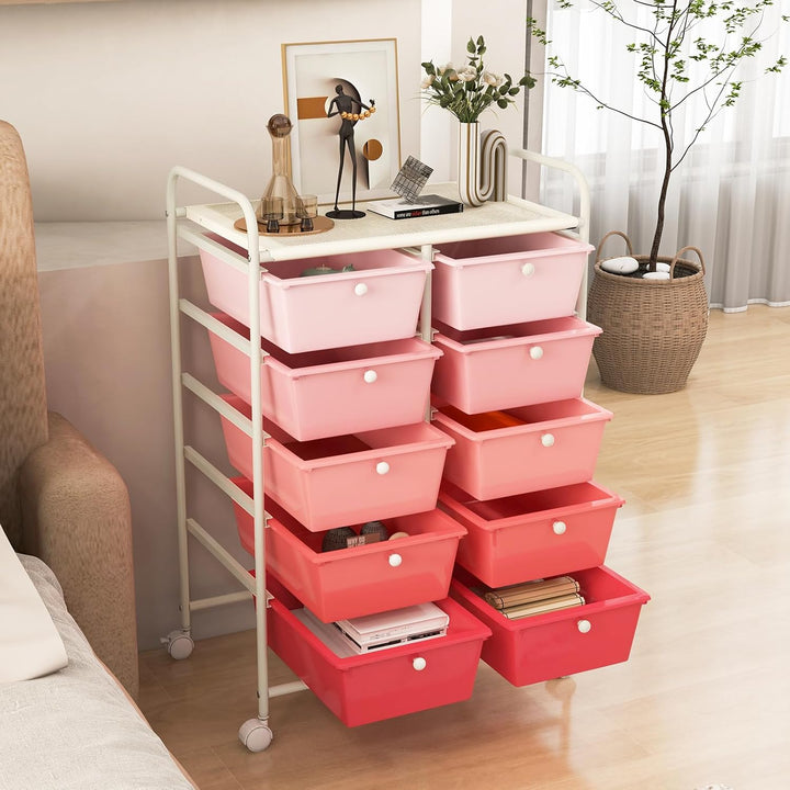 GOPLUS Rollwagen mit 10 Schubladen stapelbar, Rollcontainer mit Ablage & Metallgestell, Badregal, Au
