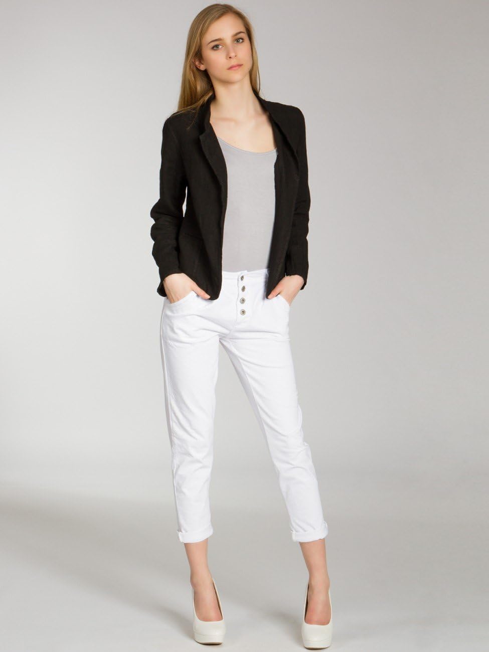Caspar BZR004 kurzer Damen Leinen Sommer Blazer XS Schwarz, XS Schwarz