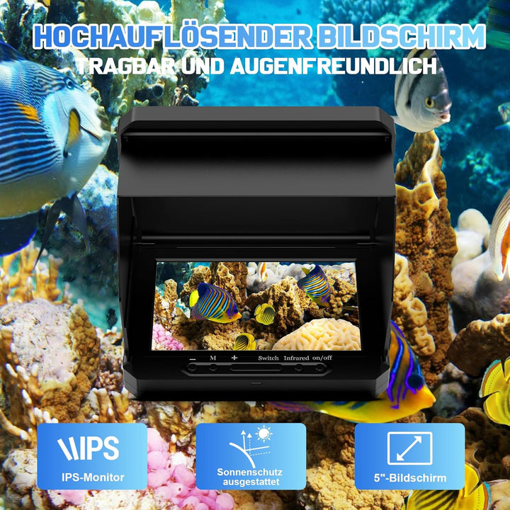 Tragbarer 5 Zoll IPS Fischfinder mit 17 IR LEDs und 20m Kabel - 1080P Angelkamera mit 220° Weitwinke