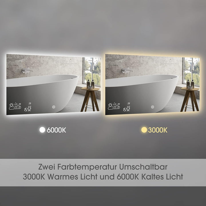 byecold Badspiegel mit LED Beleuchtung 100x60CM, Badezimmerspiegel Beschlagfrei mit Touchschalter, B