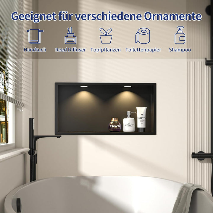 Wandnische Dusche Edelstahl mit LED Downlight, 60 cm x 30 cm, Wasserdicht - Keine Fliesen Erforderli