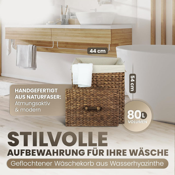 Casa Mina® Wäschekorb mit Deckel 44 x 34 x 54cm hoch I Atmungsaktiver Wäschekorb geflochten aus 100%