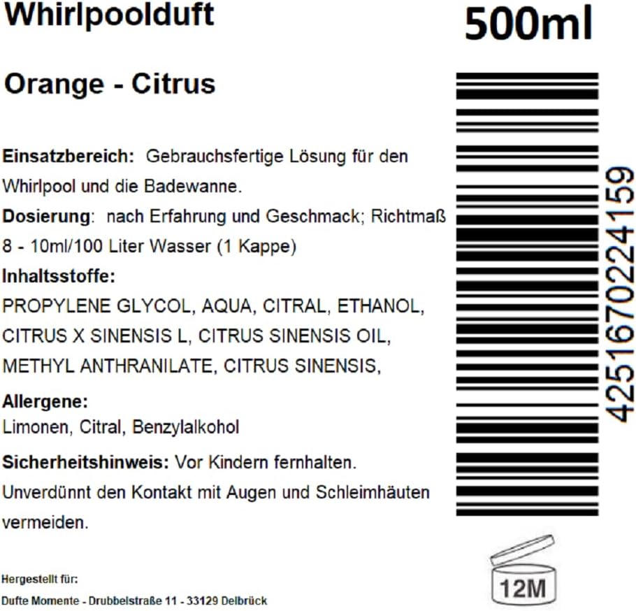 Dufte Momente | Whirlpool Duft 500ml | Orange - Citrus | mit naturreinen und natürlichen ätherischen