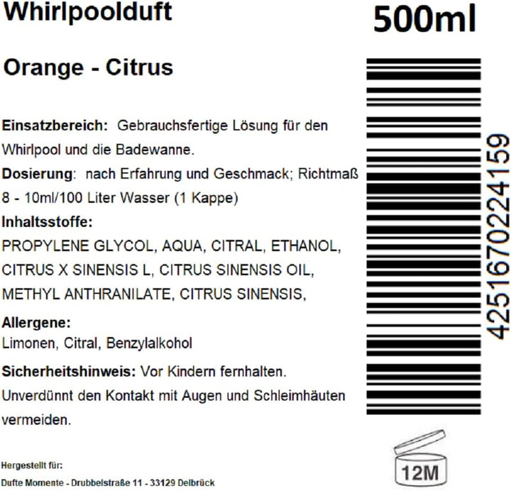 Dufte Momente | Whirlpool Duft 500ml | Orange - Citrus | mit naturreinen und natürlichen ätherischen