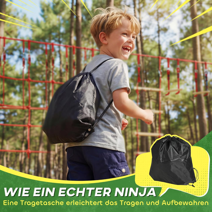 AIYAPLAY Ninja Line Kinder 10m Slackline Set mit Slackline, Turnringe, Schaukel, Kletterleiter, Klet