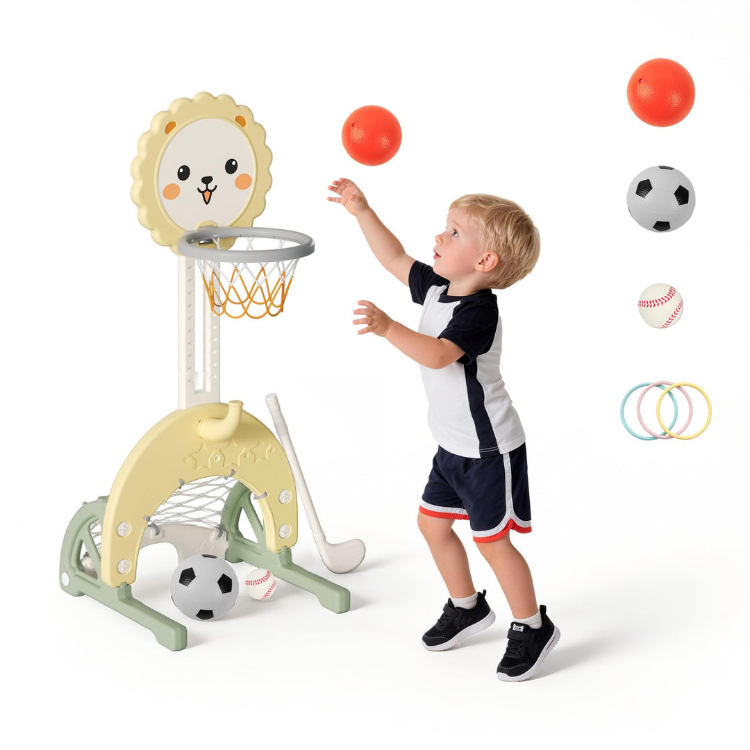 3-in-1 Kinder Basketballkorb Set, Höhenverstellbarer Basketballständer mit Fussballtor und Ringwurf,