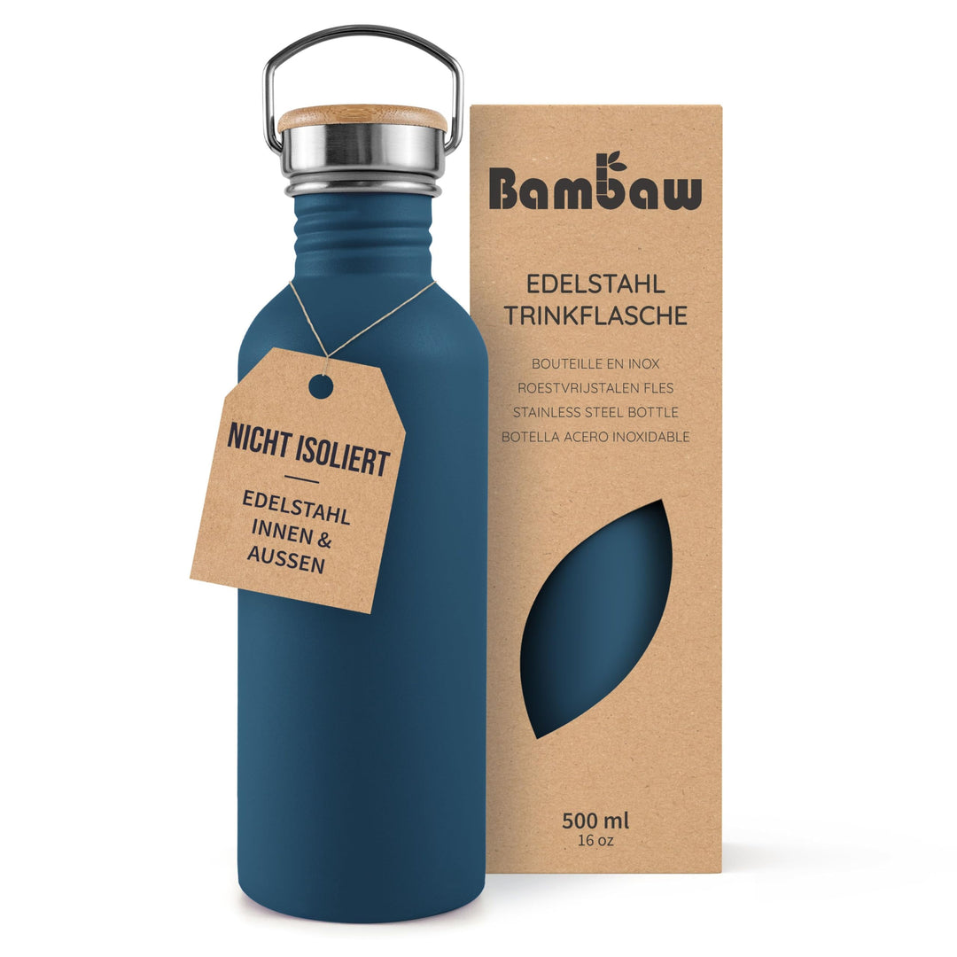 Bambaw Edelstahlflasche 500ml, Nicht-isolierte Trinkflasche Blau, Edelstahl Trinkflasche für Kinder,