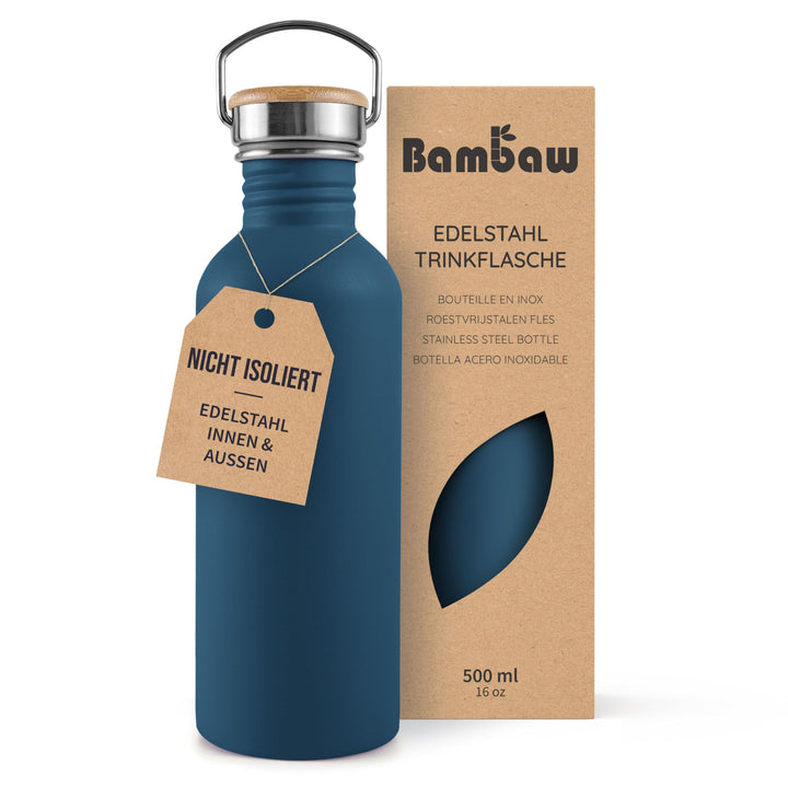 Bambaw Edelstahlflasche 500ml, Nicht-isolierte Trinkflasche Blau, Edelstahl Trinkflasche für Kinder,