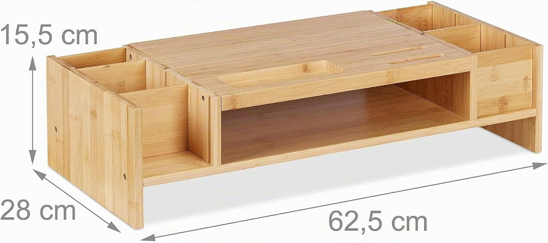 Relaxdays Monitorständer Bambus, Bildschirmerhöhung mit Fächern, HBT 15,5x62,5x28cm, Monitorunterbau