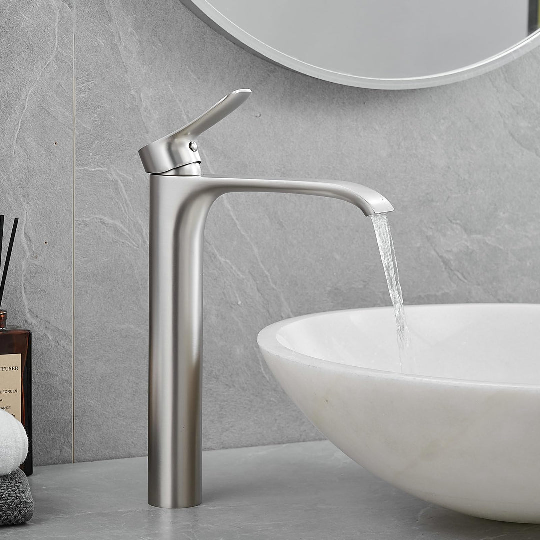 Bad Wasserhahn Wasserfall Badarmatur Hoch Waschtischarmatur Einhebel Mischbatterie, Silber (Gebürste