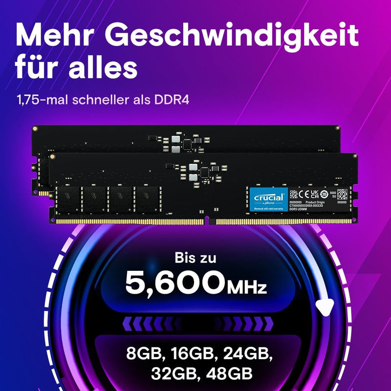 Crucial RAM 32GB DDR5 5200MHz (oder 4800MHz) Desktop Arbeitsspeicher CT32G52C42U5 32GB 5200MHz, 32GB
