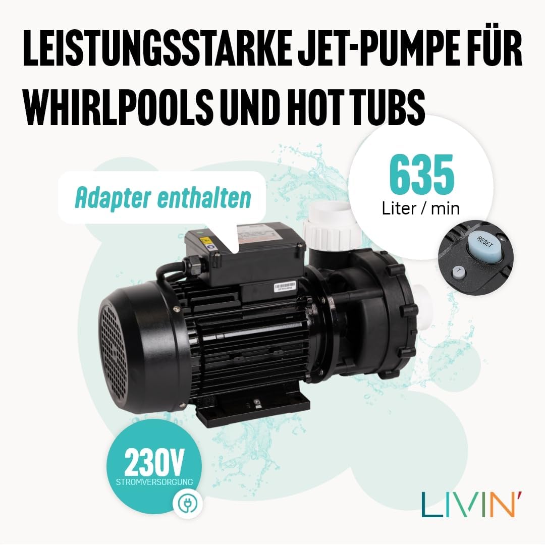 LIVIN' LX LP250 Jet poolpumpen - Whirlpool Filterpumpe 1,85 kW / 2,5 HP & 600 L/Min Poolpumpe über d