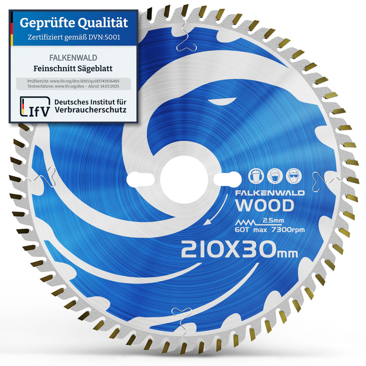FALKENWALD® Sägeblatt 210x30 mm mit 60 Hartmetall-Zähnen für Holz (Wood) - Kreissägeblatt 210x30 mm