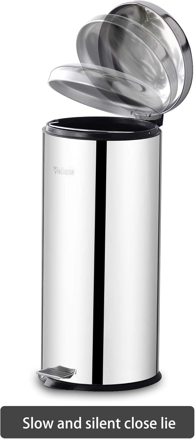 Velaze Treteimer 30L Zylindrisch Edelstahl mit Abnehmbarer Kunststoff-Inneneimer & Deckel, Ø29 x 68,