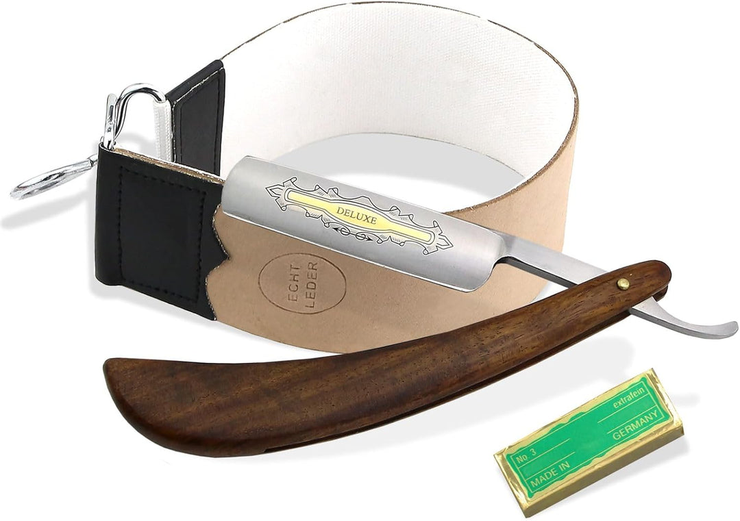 Premium Solingen Paste im Set mit Rasiermesser mit Goldätzung auf der Rasierklinge und Holzgriff + P