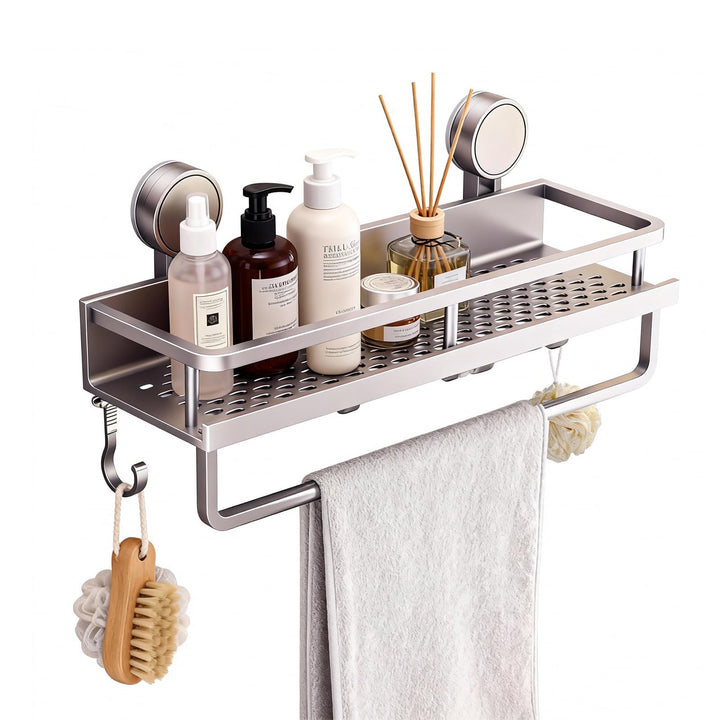 Saugnapf-Duschablage ohne Bohren, Duschablage Saugnapf, Duschgel Halterung mit 5 Haken und 1 Handtuc