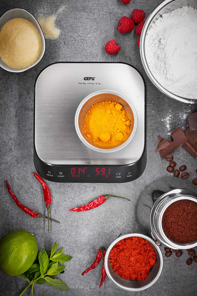 GEFU Fein- & Küchenwaage PREZISO | Digitalwaage 1g–3kg mit 0,1g Teilung, Barista-Funktion, LED-Displ