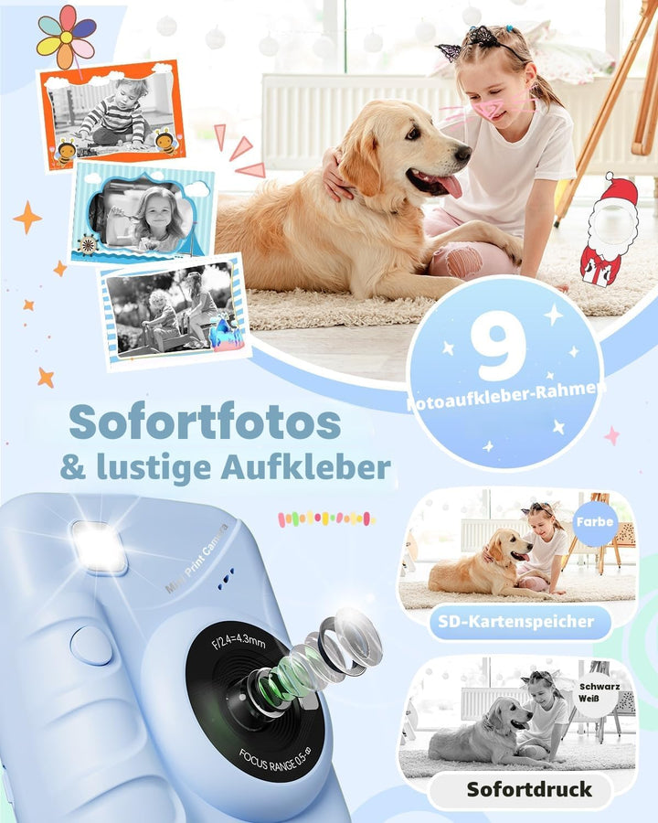 Kinderkamera Sofortbildkamera, 48MP 3.0 Zoll Sofortbildkamera Kinder mit 32G Karte & 3 Rollen Druckp