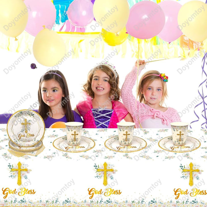 Doyomtoy Baby Shower Geburtstag Deko, God Bless Partygeschirr Blumen Kommunion Taufe Tassen Serviett