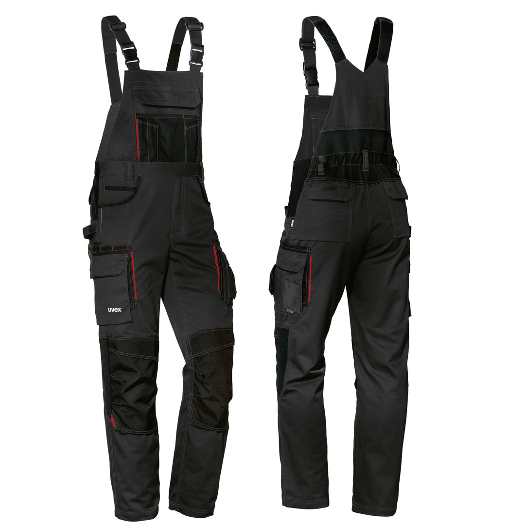 Uvex Tune-up Lange Herren-Arbeitshose - Lange Latzhose mit Knietaschen 42 Schwarz/Active red, 42 Sch