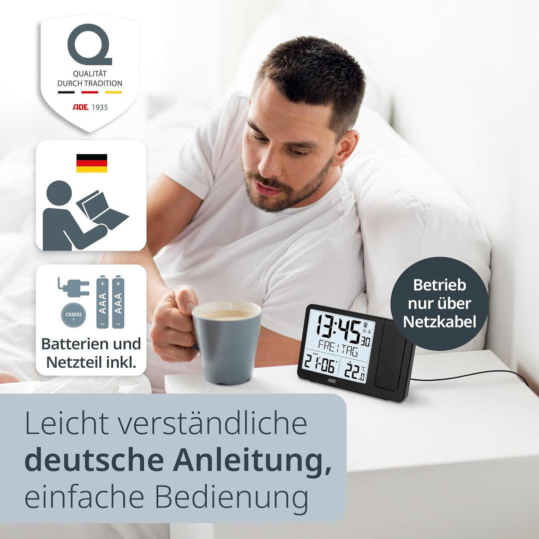 ADE Digitaler Funkwecker mit Projektion und Aussensensor | Projektionswecker mit 2 Weckzeiten| Uhr m