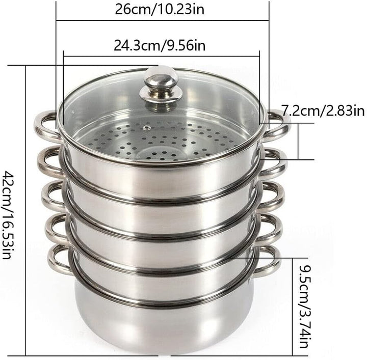 Dampfgarer mit 5 Ebenen aus Edelstahl, 26/28/30cm Kochtopf aus Edelstahl mit Glasdeckel und zwei Dam