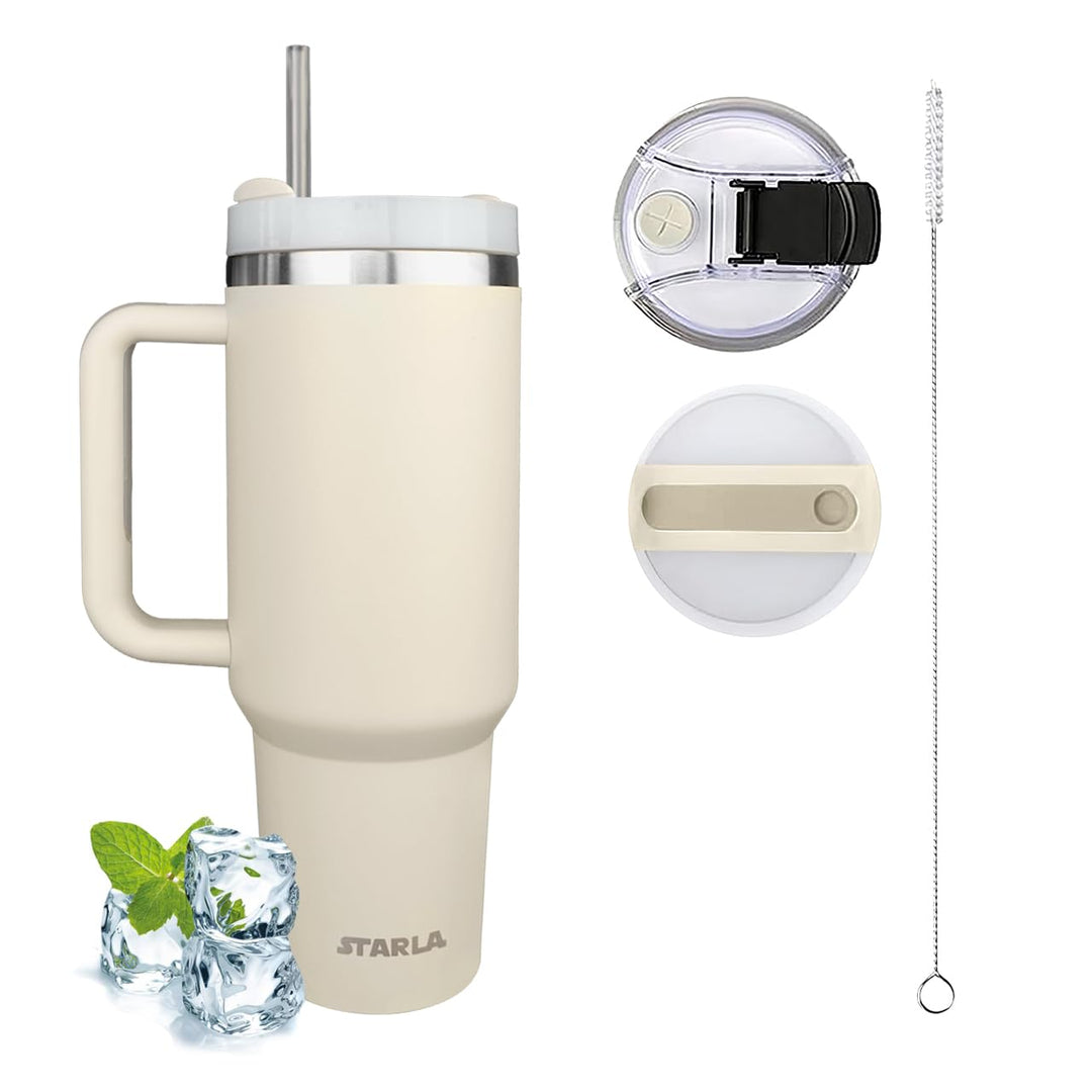 STARLA Thermobecher mit Strohhalm und Henkel 1,2l gross, 2 Deckel, auslaufsicher, Edelstahl Isolierb