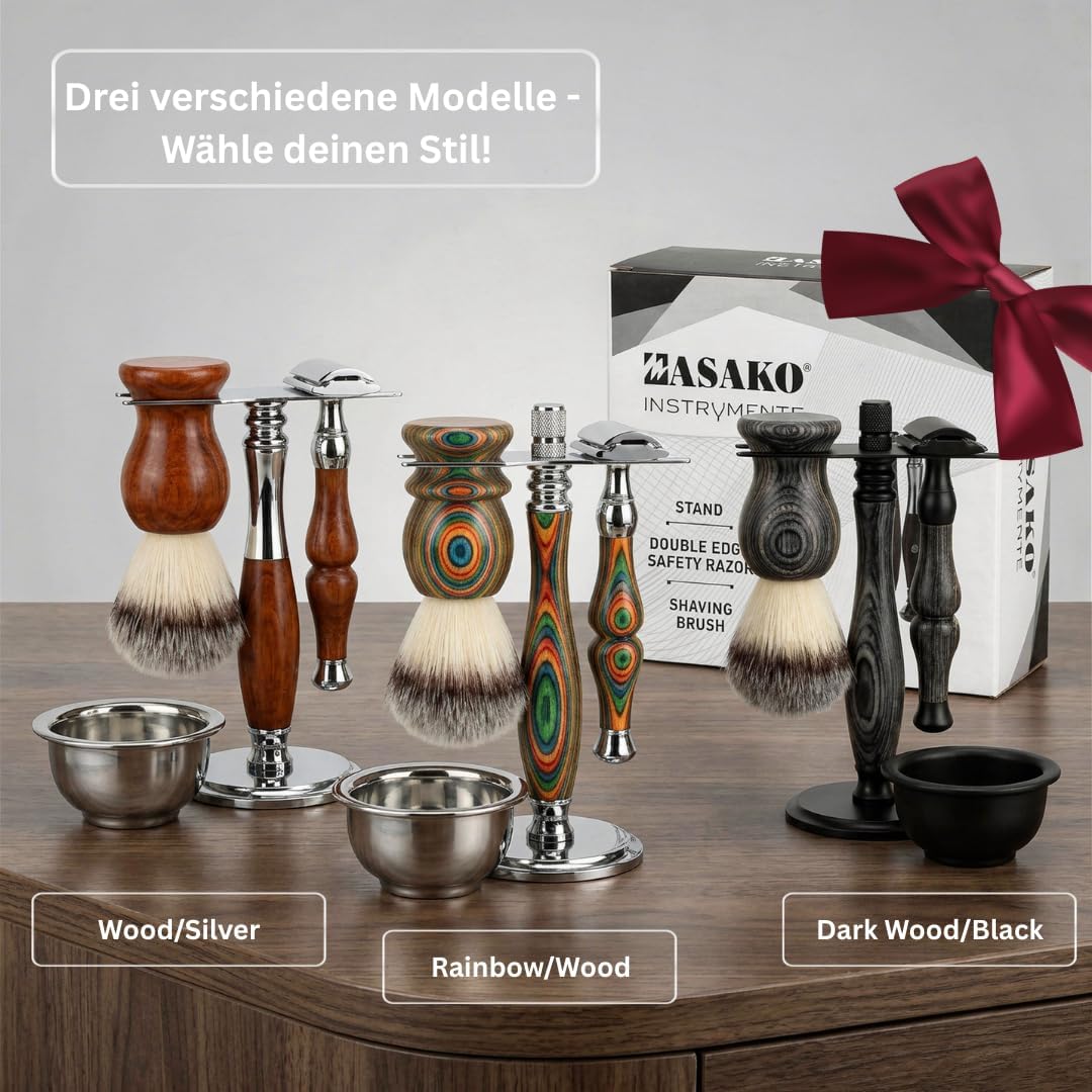MASAKO Rasierhobel Set Herren aus Echtholz – Premium Nassrasierer mit Rasierpinsel, Schale, Ständer