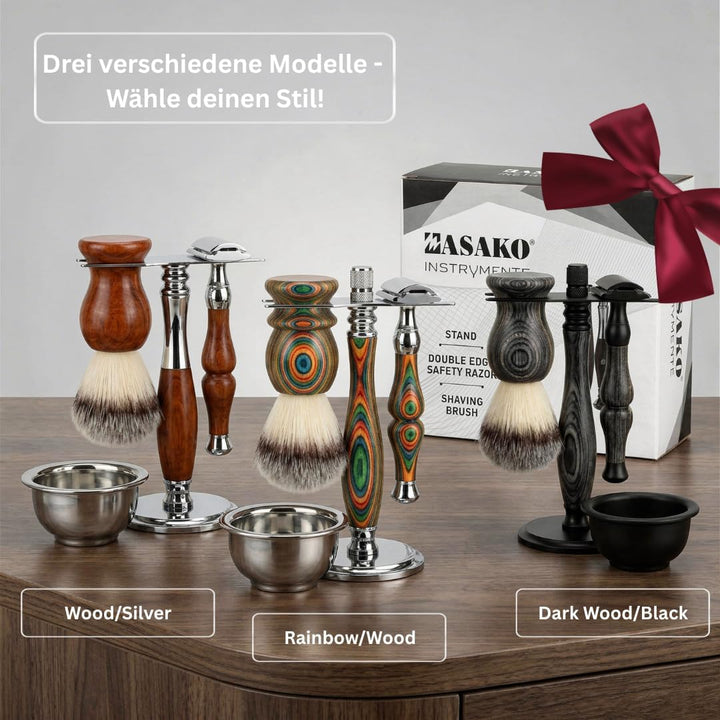 MASAKO Rasierhobel Set Herren aus Echtholz – Premium Nassrasierer mit Rasierpinsel, Schale, Ständer