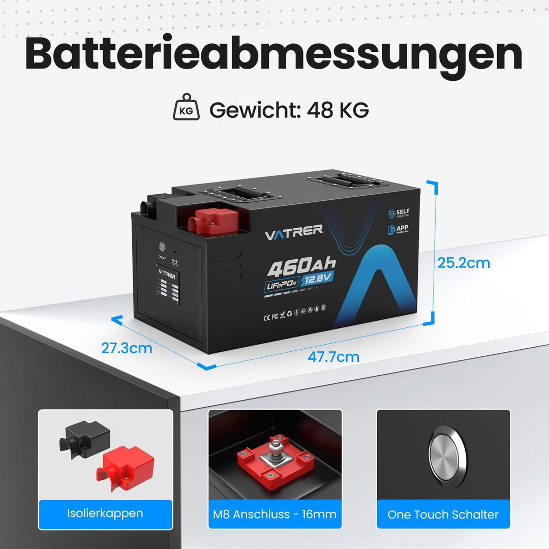 VATRER POWER 12V 460Ah Selbstaufheizende LiFePO4 RV- & Wohnmobil-Batterie, APP-Überwachung, integrie