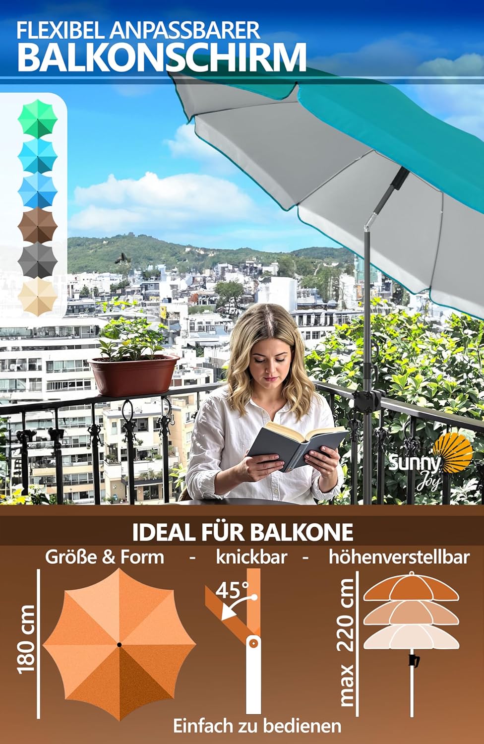 4smile Sonnenschirm Balkon SunnyJoy im 3er-Set - UPF 50+ Balkon Schirm 180 cm + Sonnenschirmhalter B