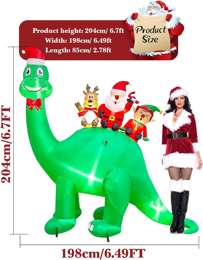 Kalolary 6,7 Fuss Aufblasbare Weihnachtsdekoration, Aufblasbarer Weihnachts-Dinosaurier mit Elf Rent