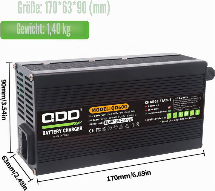 QDD 58,4 V 10 A Ladegerät 48 V LiFePO4 Batterieladegerät für 16S 48 V LiFePO4 Batteriepack Smart Cha