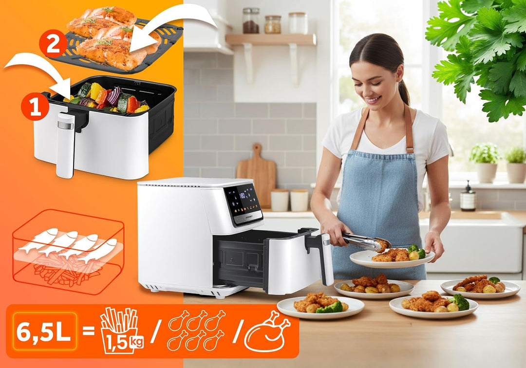 Berdsen Airfryer Heissluftfritteuse - 1700 W 6,5 l - Fritteuse - 8 Programme Touchscreen - Weiss, We
