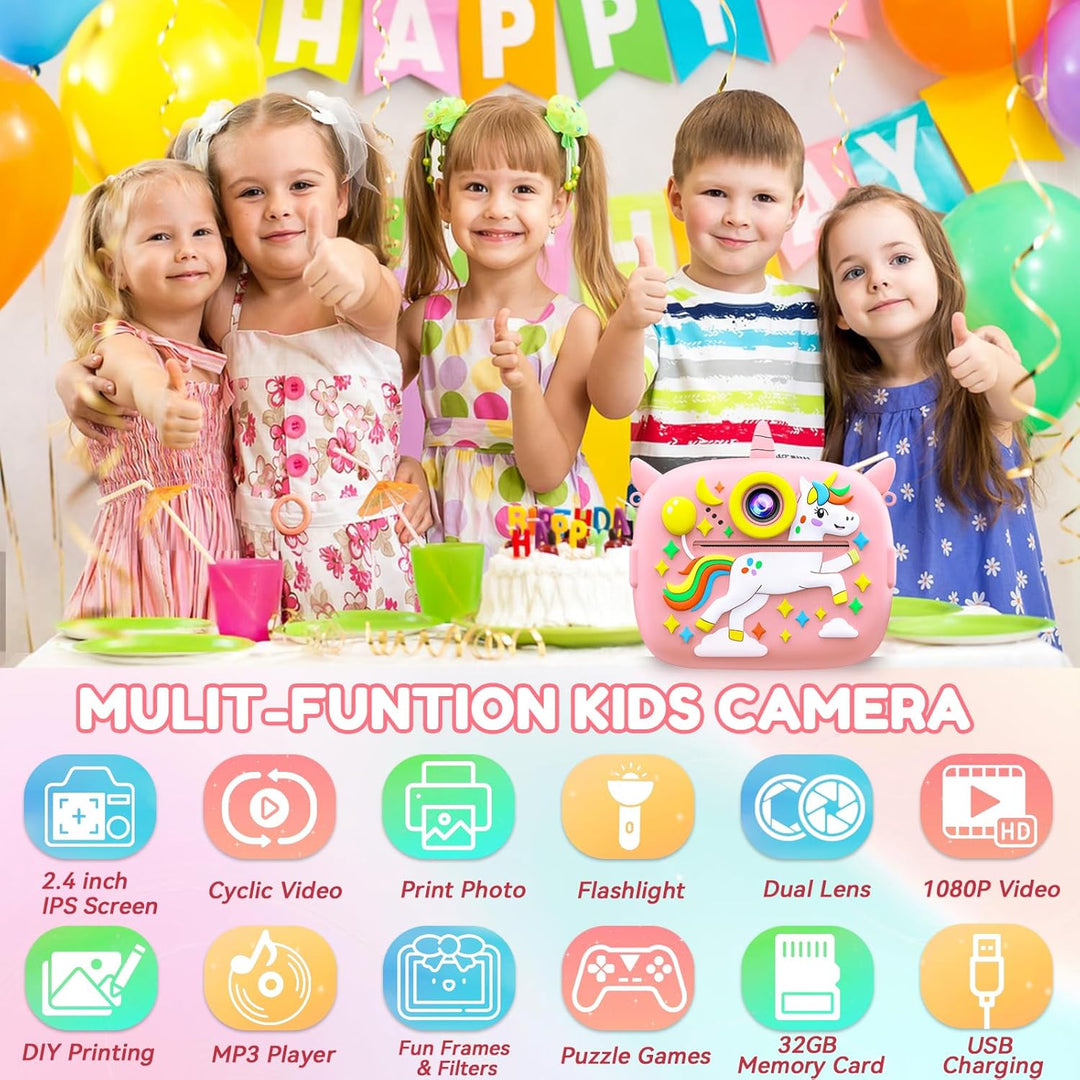 Sofortbildkamera Kinder, 2,4 Zoll Bildschirm 1080P HD Kinderkamera, mit 32GB Karte und 3 Rollen Foto