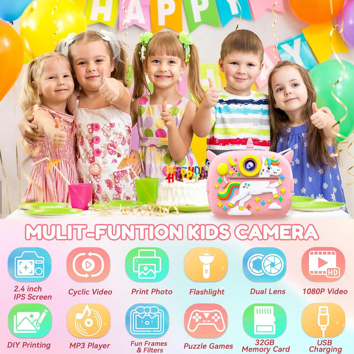 Sofortbildkamera Kinder, 2,4 Zoll Bildschirm 1080P HD Kinderkamera, mit 32GB Karte und 3 Rollen Foto