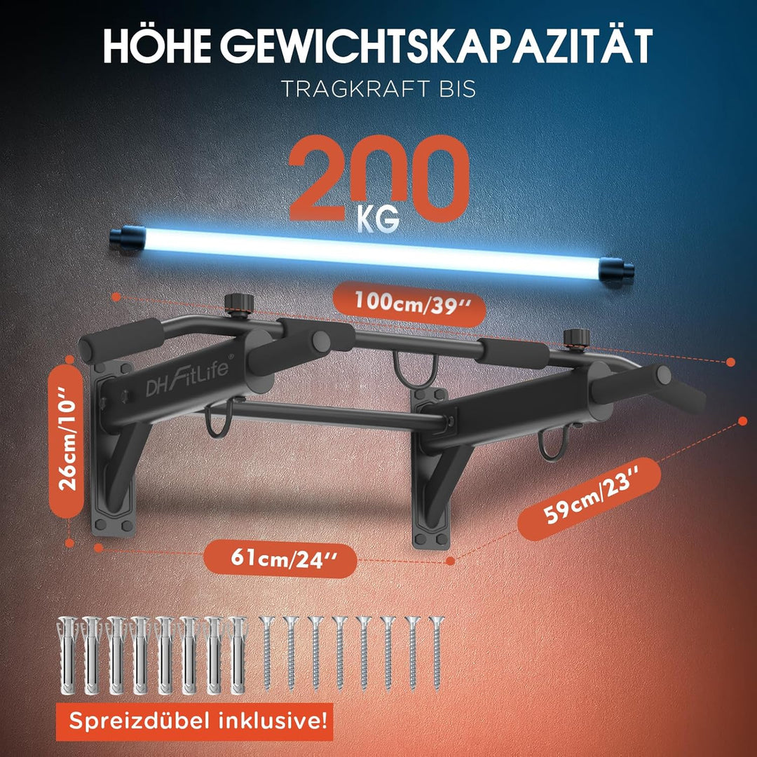 DH FitLife 4in1 Klimmzugstange Wand zur Wandmontage mit Spreizdübel, Multifunktionale Pull-Up Bar fü
