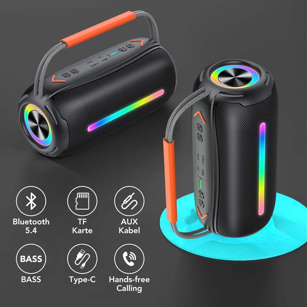 Tragbarer Bluetooth Lautsprecher mit Griff, 40W Leistungsstarker Musikbox mit Dualen Bass-Treibern,