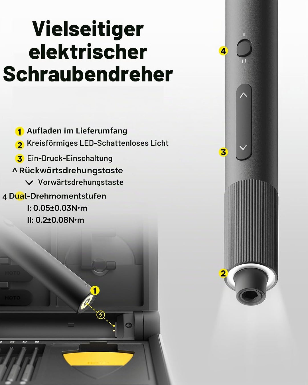HOTO Mini Elektrischer Schraubendreher Pro, 48 in 1 Feinmechaniker Set mit Öffnungs-Werkzeug &amp; Präzi